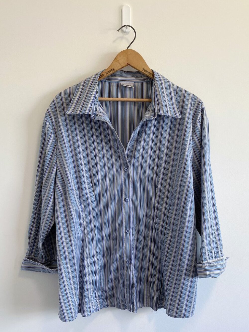 Vintage Blue Striped Three Quarter Sleeve Button Down Shirt / Y2K